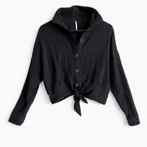 Free People Boho Double Gauze Cotton Collared Button Front Tie Waist Top M